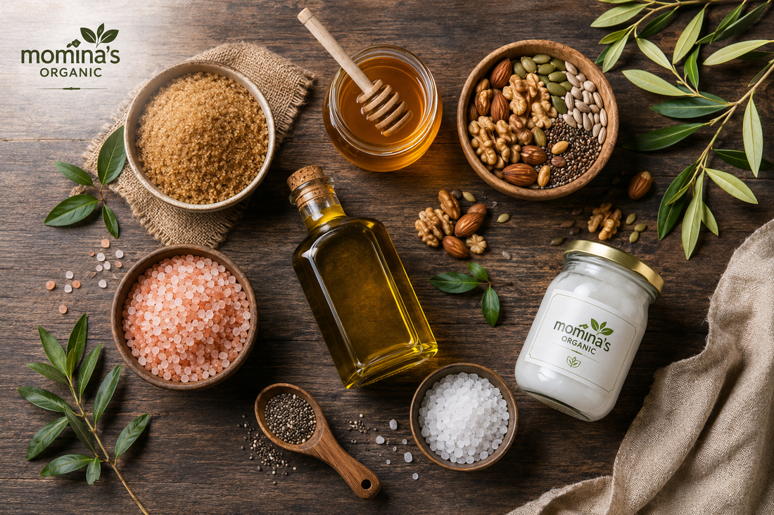 Organic pantry staples including honey, shakkar, and cold-pressed oil arranged on a wooden table